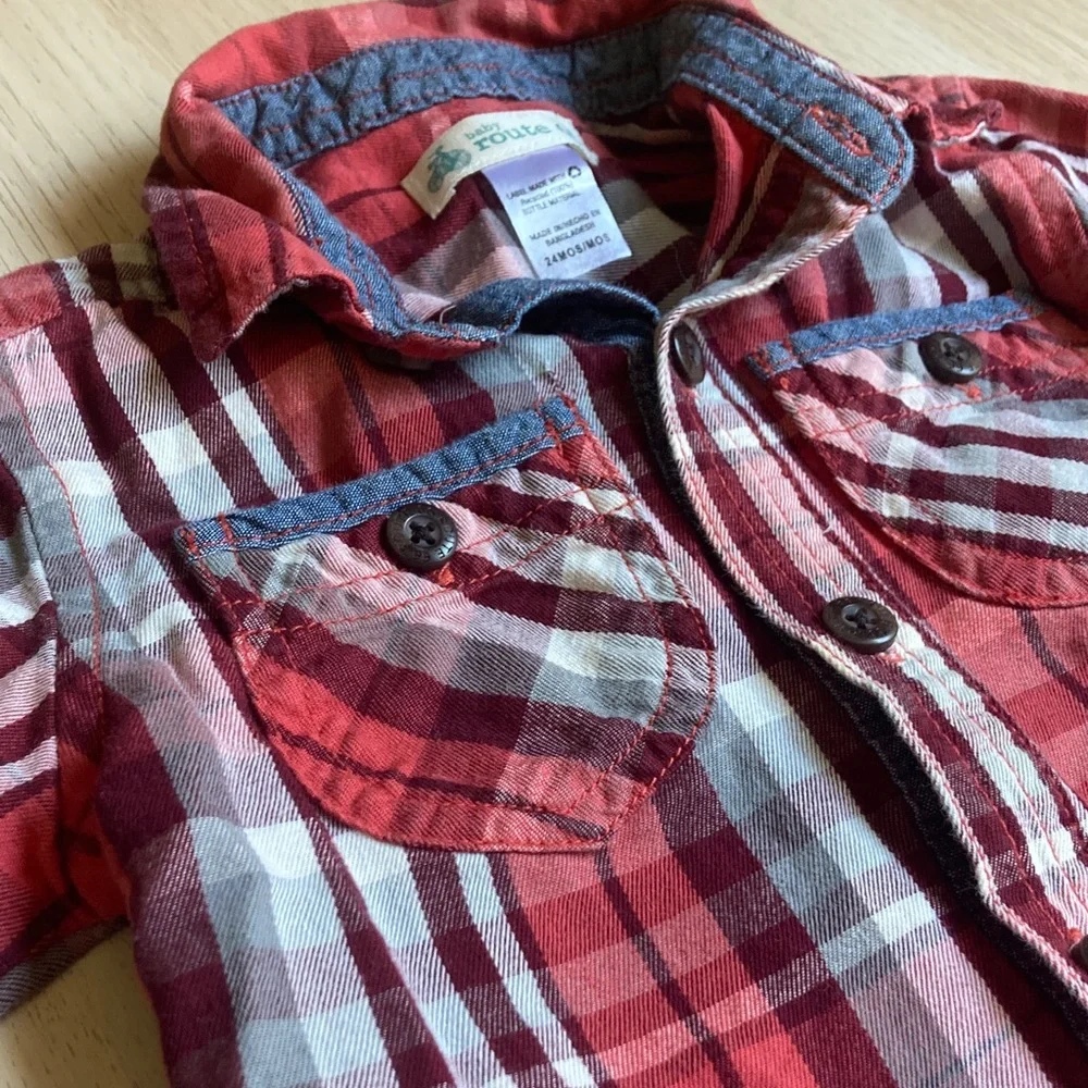 Baby Route 66 Red Plaid Button Down Shirt, Size 24 Months